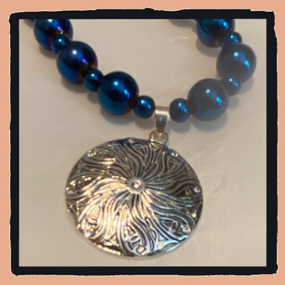 Hand Crafted Iris Blue Necklace Glass Bead Collar Statement - Picture 3 of 4